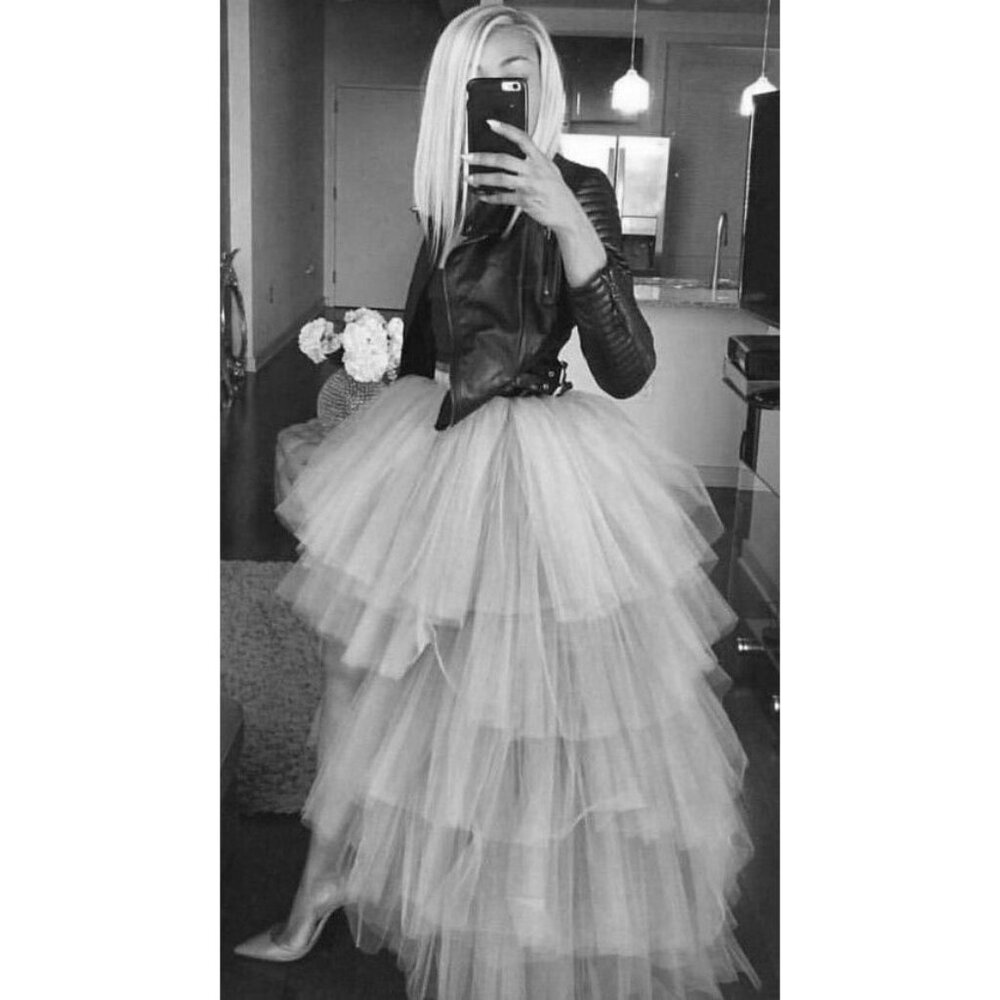💋BOMBSHELL!💋 GRACIA WHITE HIGH-LOW LAYERED RUFFLED PLEATED TULLE & MESH SKIRT - Picture 5 of 16